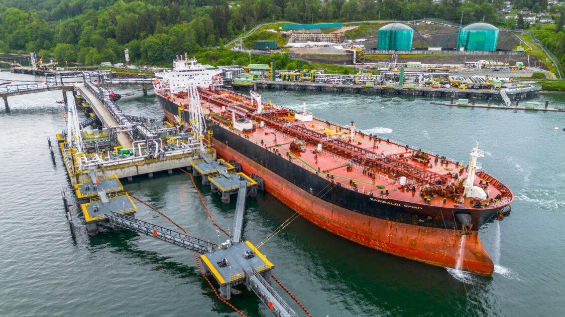 Aframax oil tanker at Westridge Marine Terminal, part of Trans Mountain pipeline export operations
