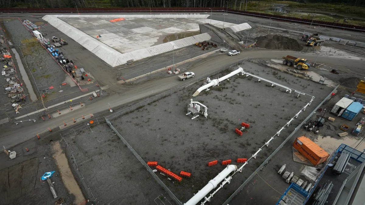 The terminus for the Coastal GasLink natural gas pipeline, bottom, is seen at the Canadian LNG terminal development under construction in Kitimat, B.C., on Wednesday, September 28, 2022. THE CANADIAN PRESS/Darryl Dyck