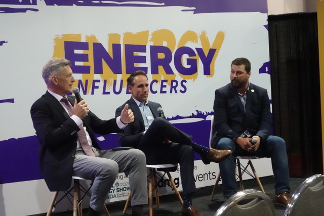 Carle Marcotte, Candu Energy, left, Scott Henuset, Energy Alberta, centre, at Global Energy Canada Show in Calgary. Nelson Bennett Photo nuclear power
