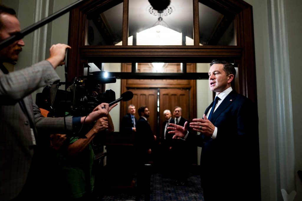 Conservative leader Pierre Poilievre speaks to reporters ahead of a meeting with Prime Minister Mark Carney, in West Block on Parliament Hill in Ottawa, on Wednesday, Oct. 22, 2025.
